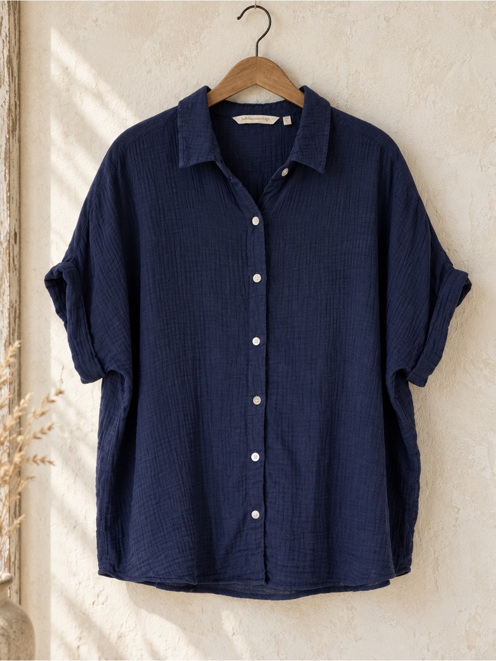 Soft Surroundings PXL Navy Cotton Gauze Button Up Oversized Shirt